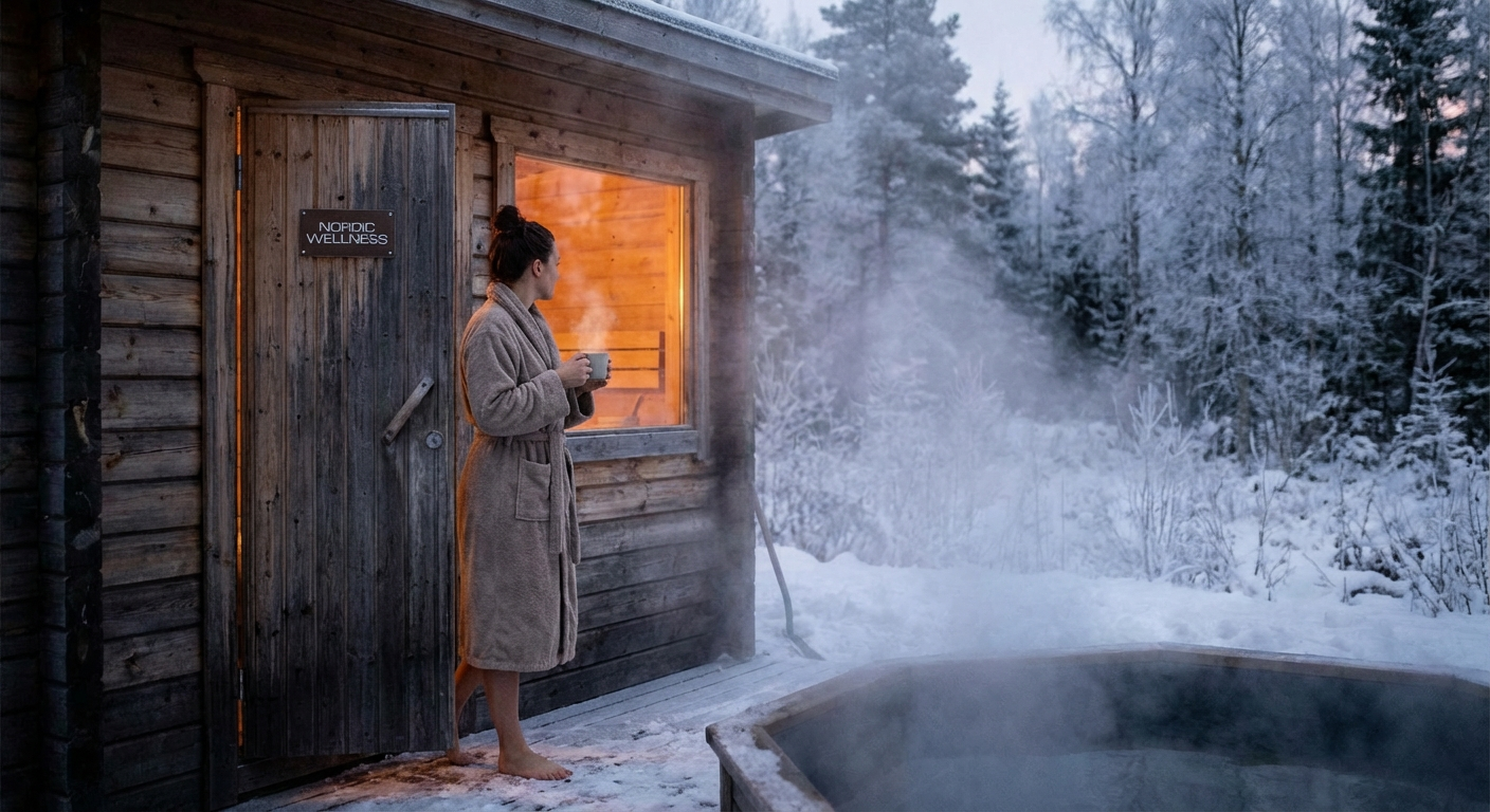 Person mit Handtuch vor einer Sauna — Sauna bei Erkältung